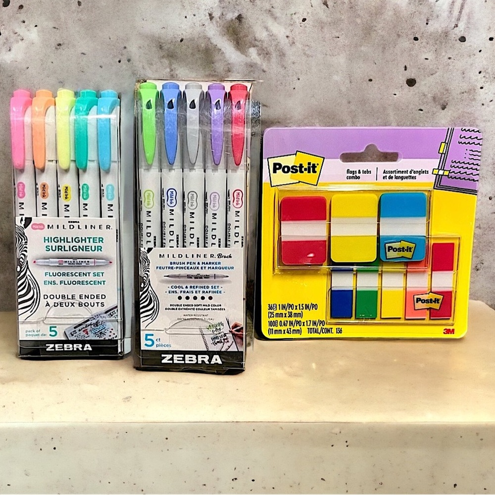 New Zebra Mildliner lot and postits tabs organizing office supplies markers pens